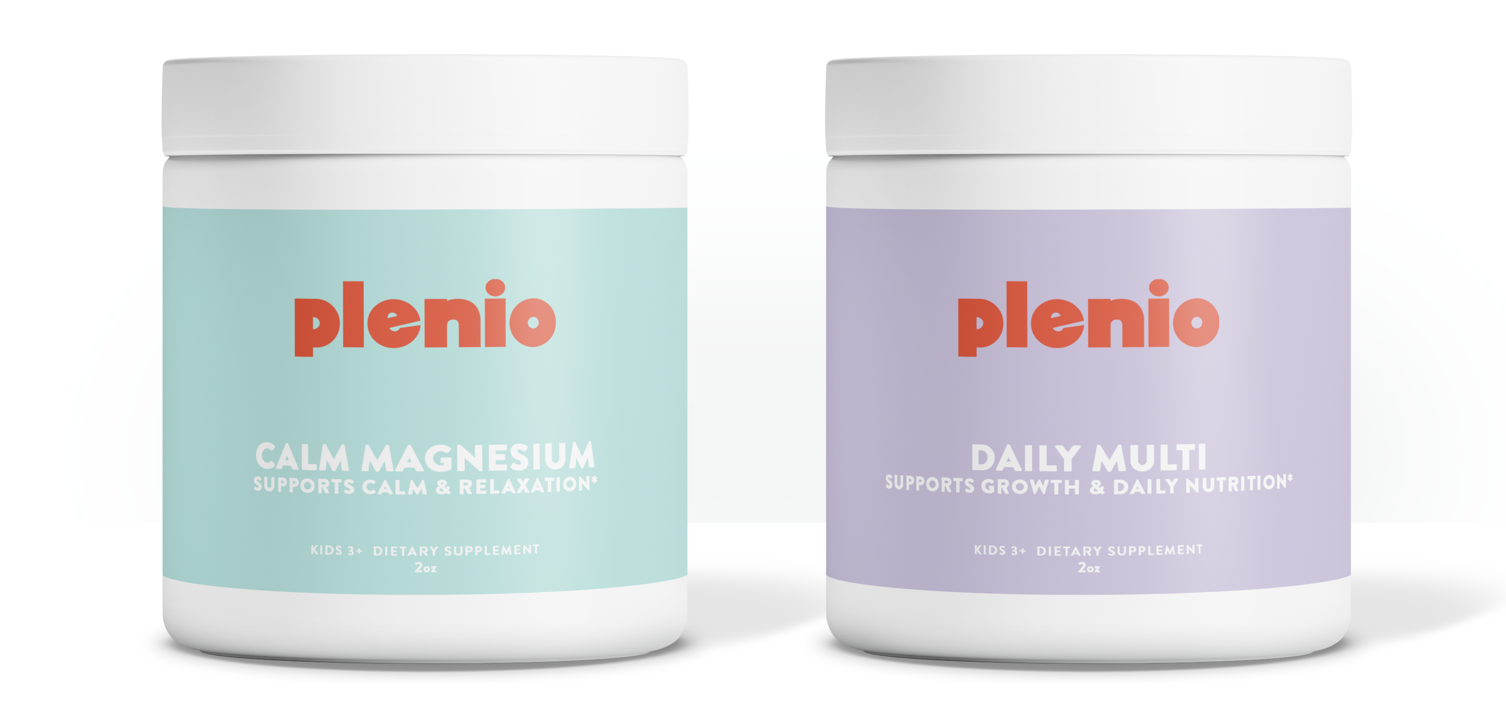 Two Plenio supplement containers, one labeled 'Calm Magnesium' and the other 'Daily Multi', on a white background.